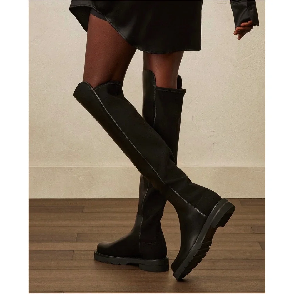 HH Stuart‎ Weitzman 5050 Lift Black Leather Over The Knee Lug Sole Boots 37 YL